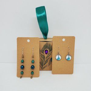 Lot of 2 KL Sparkles Jewelry Dangle Earrings "Elegant Peacock" Pearl Blue Teal